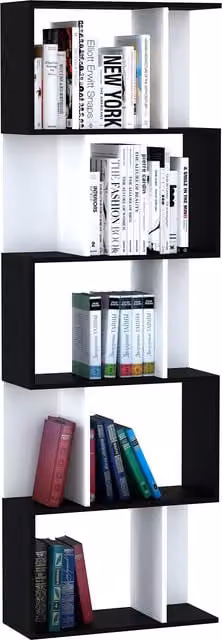 HOMCOM 5-Tier S-Shaped Wooden Bookcase and Display Shelving in Black and White, H 184.5 x W 60 x D 24 cm