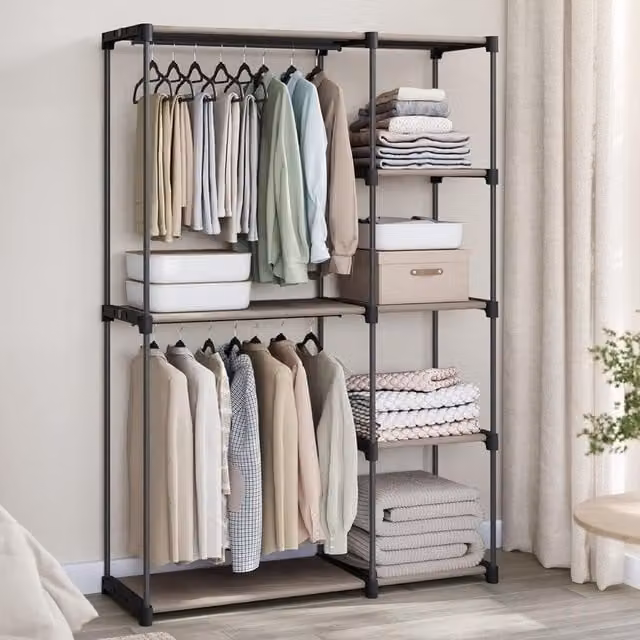 The Bazaarist Freestanding Open Wardrobe with Hanging Rail and Internal Shelves, Mixed Colours, H 182 x W 43 x D 43 cm