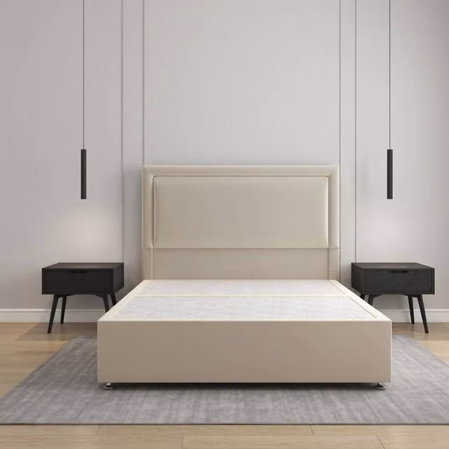 Regional Furnishings Luxury Super King Divan Bed Base with 24 inch Headboard in Beige Plush Velvet