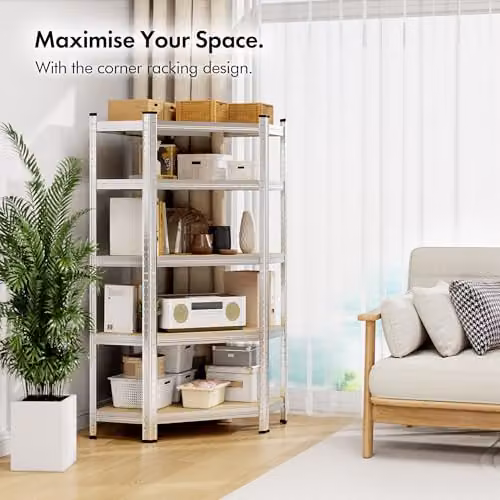 VonHaus 5-Tier Silver Metal and MDF Garage Shelving Units with Adjustable Shelves – 4