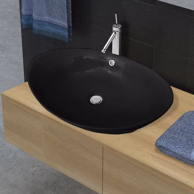 Berkfield Home Black Luxury Oval Ceramic Basin with Overflow W: 59 cm, D: 38.5 cm, H: 5 cm – 1