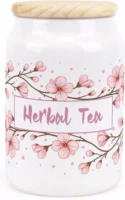 Purely Home Floral Cherry Blossom Ceramic Herbal Tea Storage Canister in Pink and White
