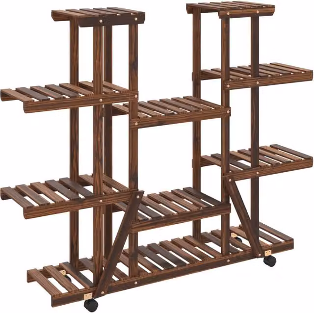 Berkfield Home Retro Wooden Flower Stand with Wheels in Brown, W/D/H: 110 x 25 x 115 cm – 1