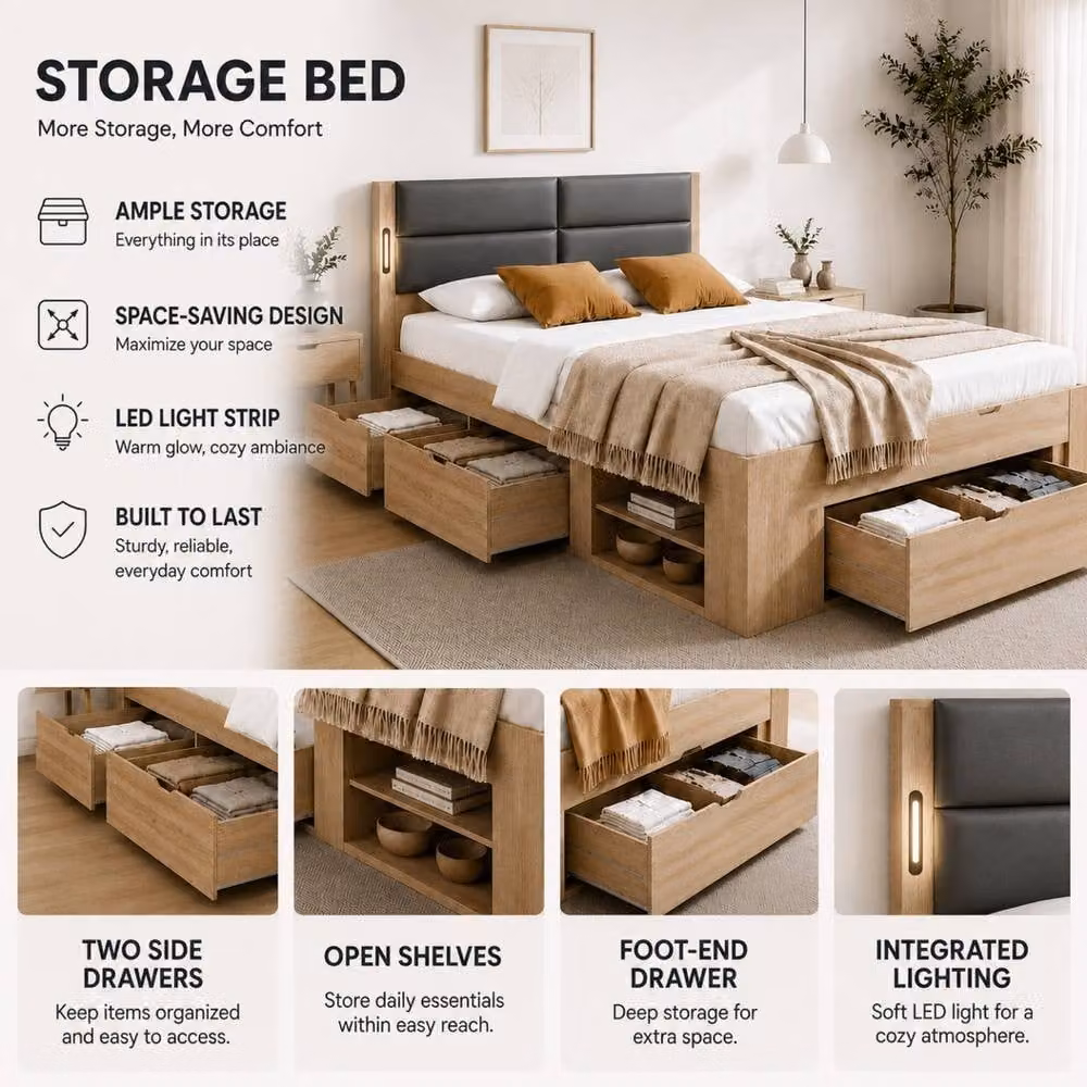 Rolipo Modern Oak Bed with Drawers, Integrated Reading Light and Under-bed Lighting, Brown, W/D/H: 90 x 190 cm – 4