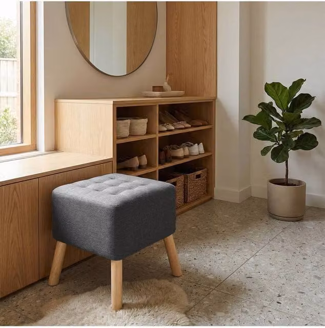 Living and Home Linen Upholstered Cube Footstool in Grey