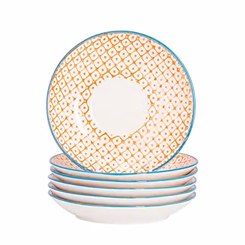 Nicola Spring Hand Printed Floral Stoneware Cappuccino Saucers, Orange, Pack of 6, Diameter: 14.5 cm – 1
