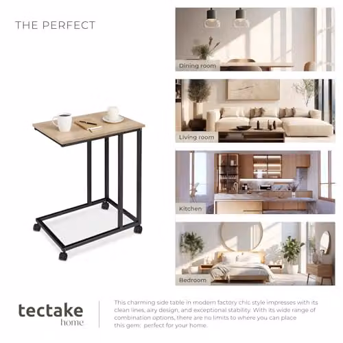 tectake C-Shaped Industrial Side Table with Steel Frame and Swivel Castors, Light Wood and Black, W: 48 cm, D: 35 cm, H: 70 cm – 5