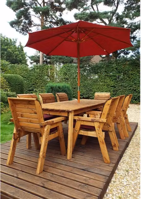 Charles Taylor Eight Seater Rectangular Dining Table and Chair Set with Accessories in Burgundy and Brown Oiled Wood