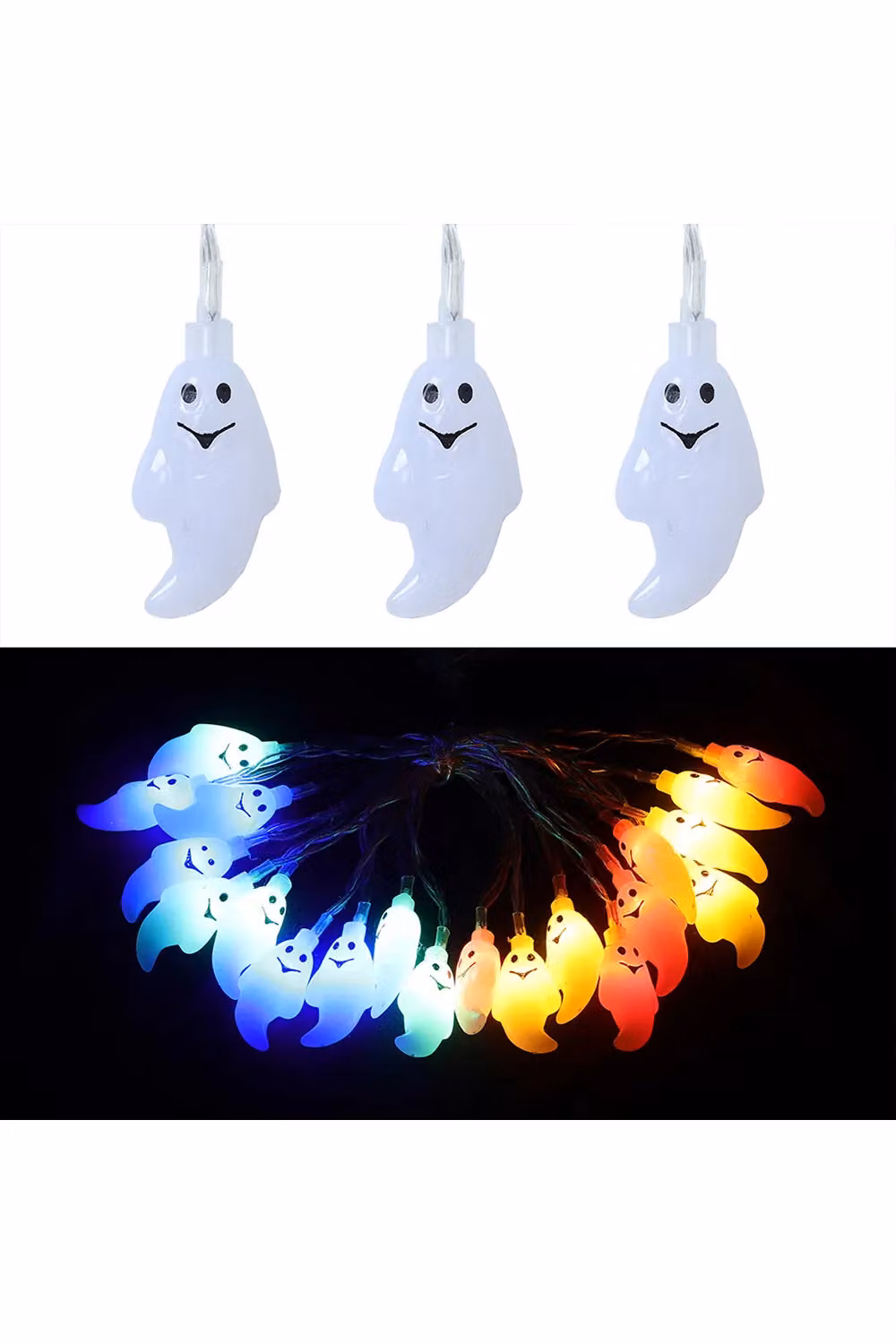 Living and Home Halloween LED String Lights with 20 Plastic Ghosts, Multicolour and Warm White, Battery Operated, 3m – 4