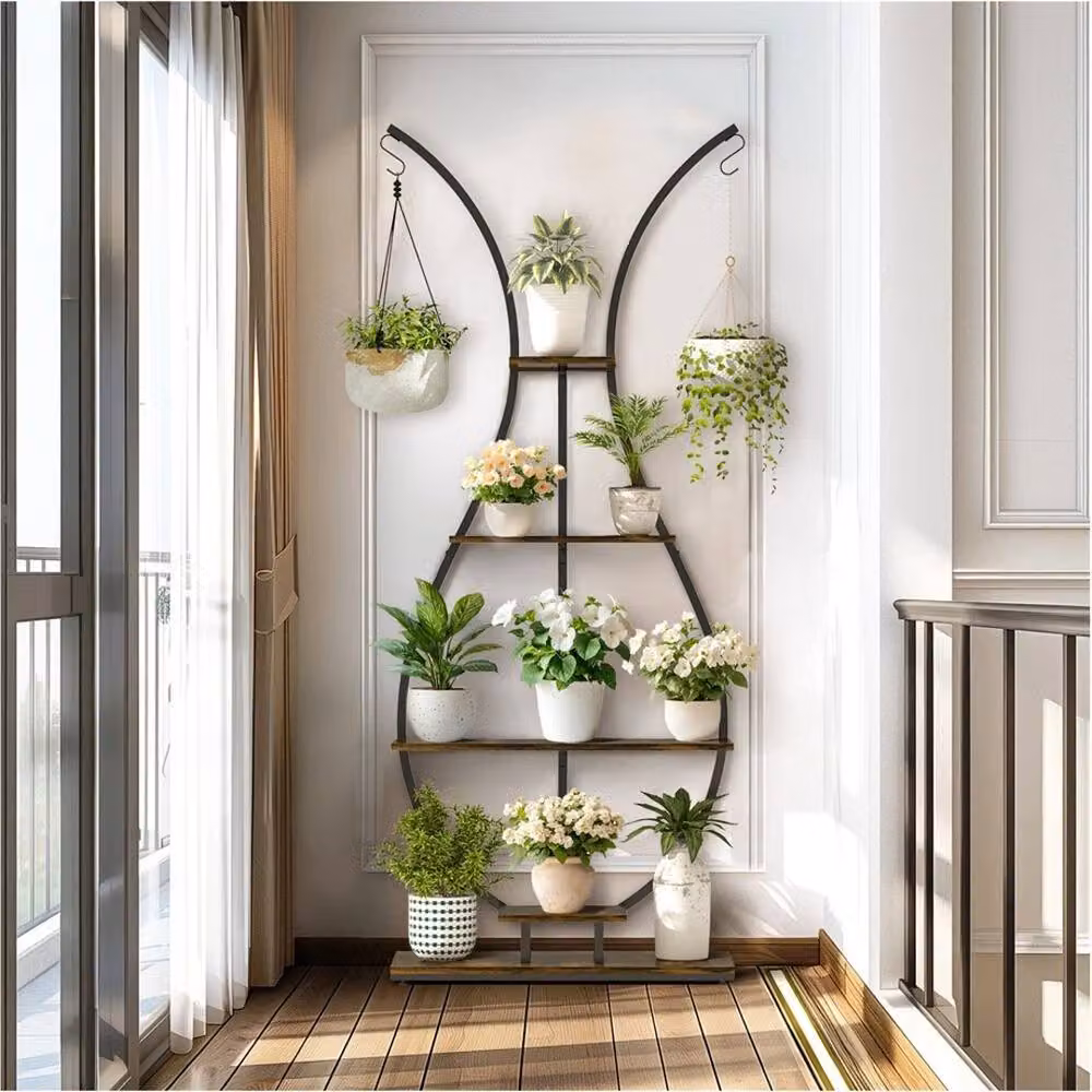 Havendro 5 Tier Industrial Metal and MDF Corner Plant Stand in Black – 4