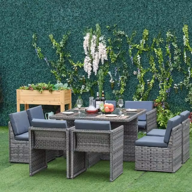 Outsunny 9 Piece Modern Rattan Dining Table and Chair Set in Mixed Grey Wicker