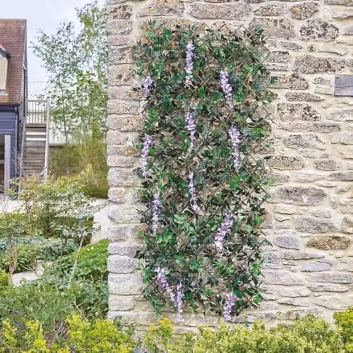 mysmartbuy Faux Wisteria Artificial Hedge with Purple Flowers and Green Woven Willow Trellis, H 180 cm x W 90 cm – 1