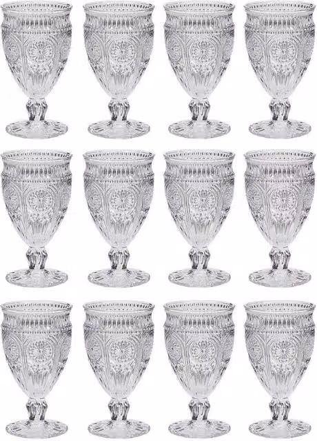 Dibor Set of 12 Luxury Embossed Geometric Wine Goblets, 350ml, Clear – 1