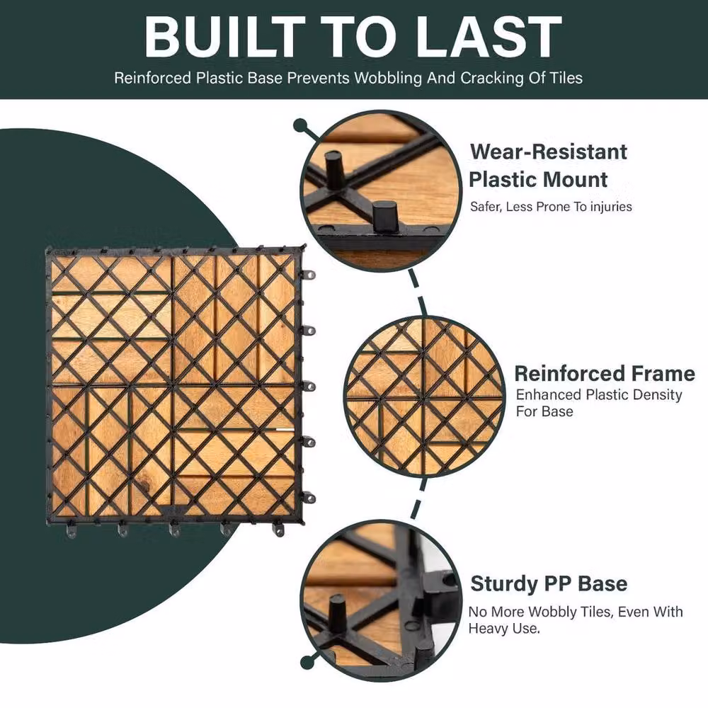 FLAVORA 6pc Interlocking Wooden Decking Tiles in Brown, W/D/H: 30 x 30 x 3 cm – 4