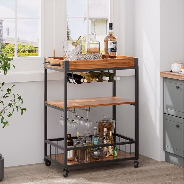 Komore Industrial Wooden Food Serving and Wine Trolley in Brown