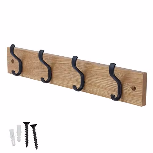 keypak Wall-Mounted Coat Rack with 4 Black Hooks on Ash Wood, Width: 38 cm