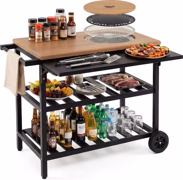 COSTWAY Outdoor Dining Cart with Korean BBQ Grill in Black