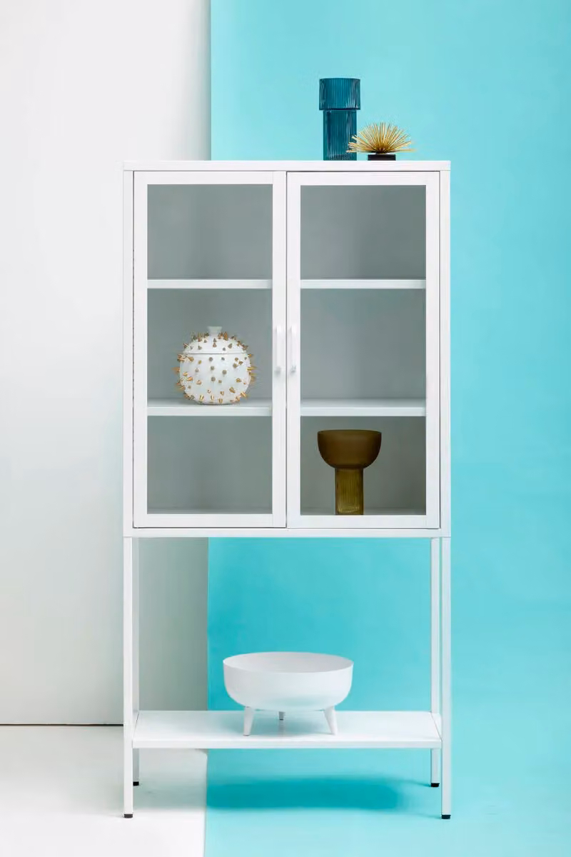 Orsina Industrial White Metal and Glass Two Door Storage Cabinet with Internal Shelves – 2