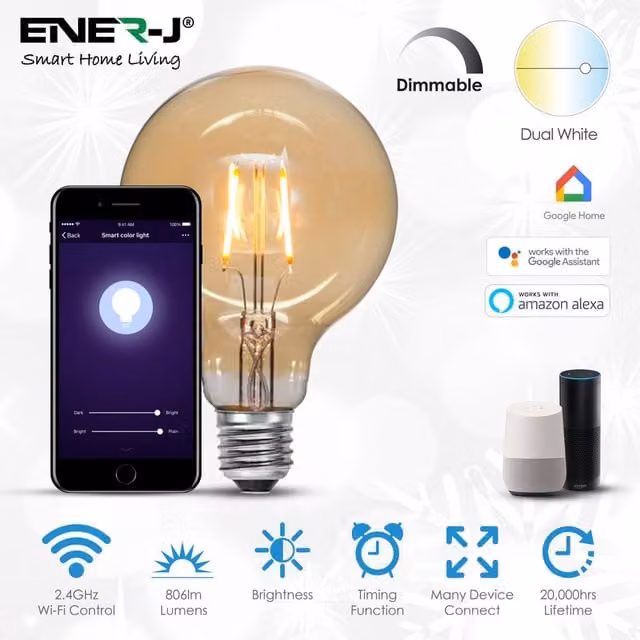 ENER-J Amber LED Filament Globe Bulb, E27, Dimmable, 2700-6000K