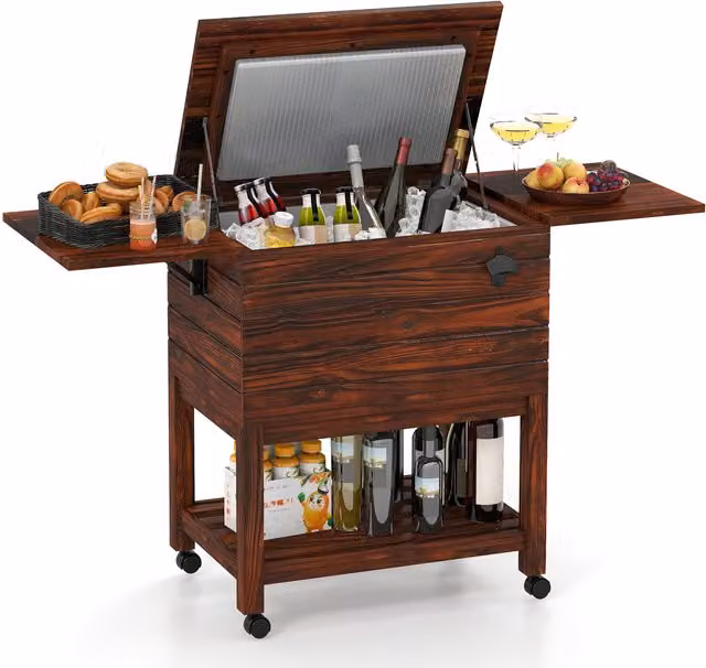 COSTWAY Outdoor Ice Chest Cooler Cart in Brown Wood