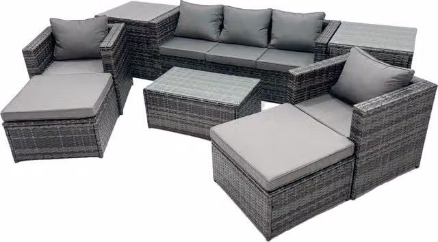 Fimous 7-Seat U-Shape Outdoor Rattan Sofa Set with Coffee Table and Ottoman in Grey