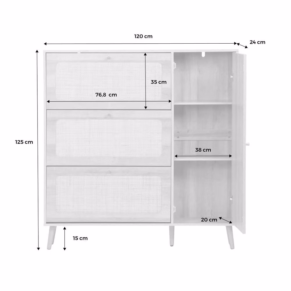 sweeek Canework Shoe Cabinet with 3 Drawers and Tilting Compartments in Brown, W/D/H: 120 x 24 x 125 cm – 2