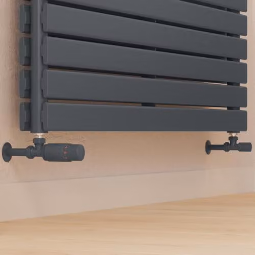 UK Radiators Talus Bold Anthracite Matt Modern Thermostatic Radiator Valve and Lockshield Set with 1/2BSP 8mm Angled Brass Fittings – 2