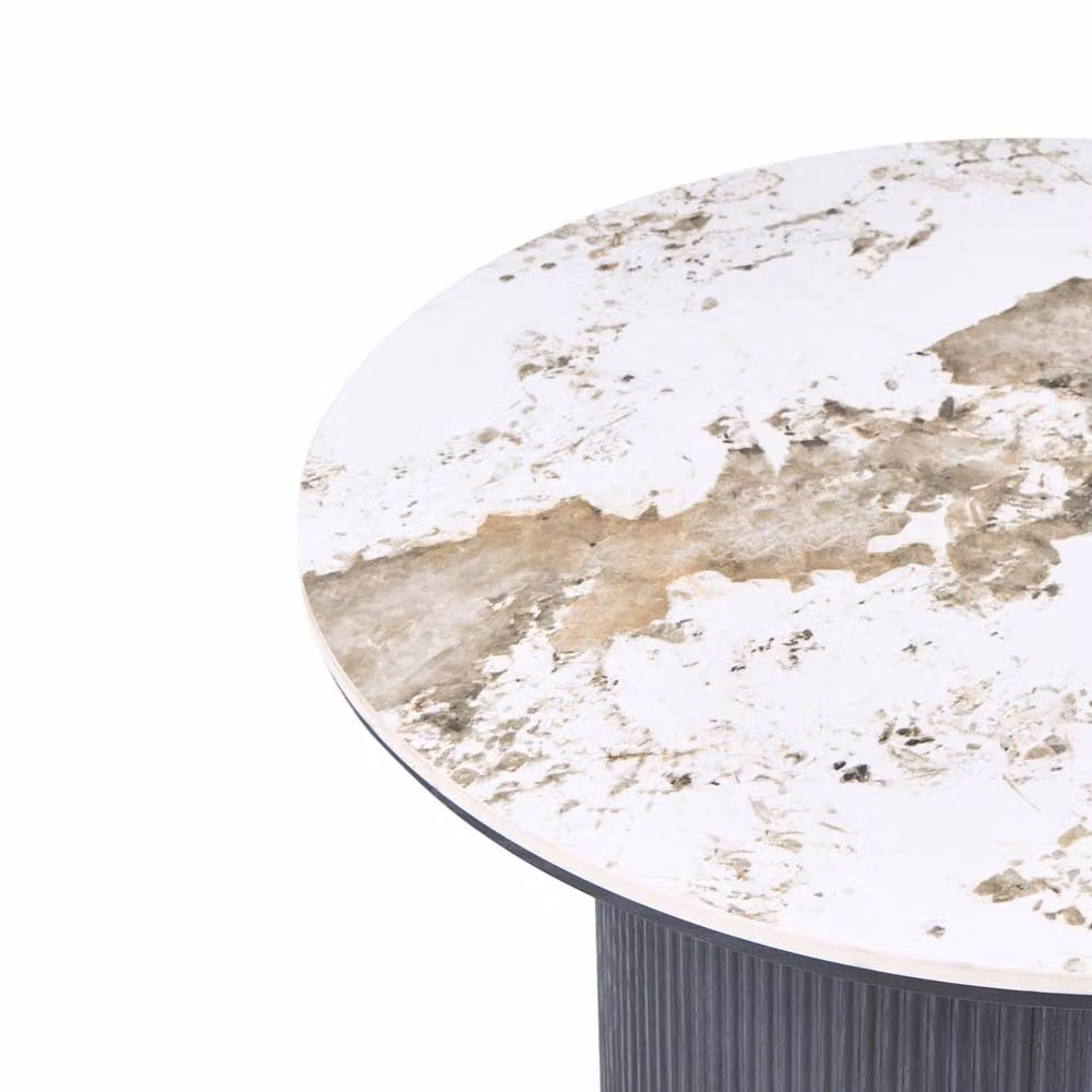 Wyld and Coco Round Ceramic Coffee Table with White Marble Top and Black Ribbed Wood Base, Diameter: 80 cm, Height: 40 cm – 3