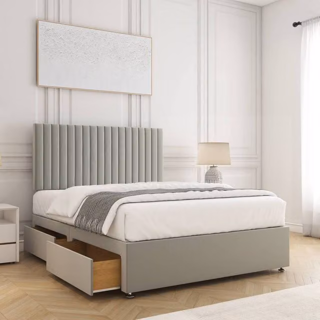 BSSPOKE Brooke Plush Velvet Double Divan Bed Set with 24 inch Headboard, 4 Drawers and Mattress in Silver