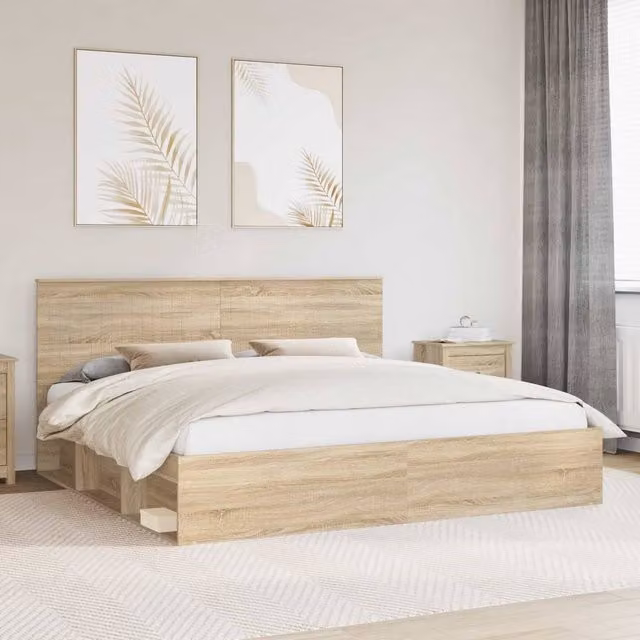 Berkfield Home Sonoma Bed Frame with Headboard in Brown Solid Pine and Engineered Wood, W/D/H: 200 x 200 cm