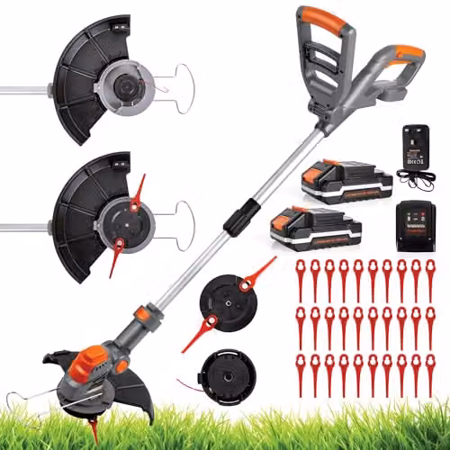 Terratek 20V Cordless Telescopic Strimmer in Orange and Grey with Blade, 2x Rechargeable Batteries and Quick Charger – 1