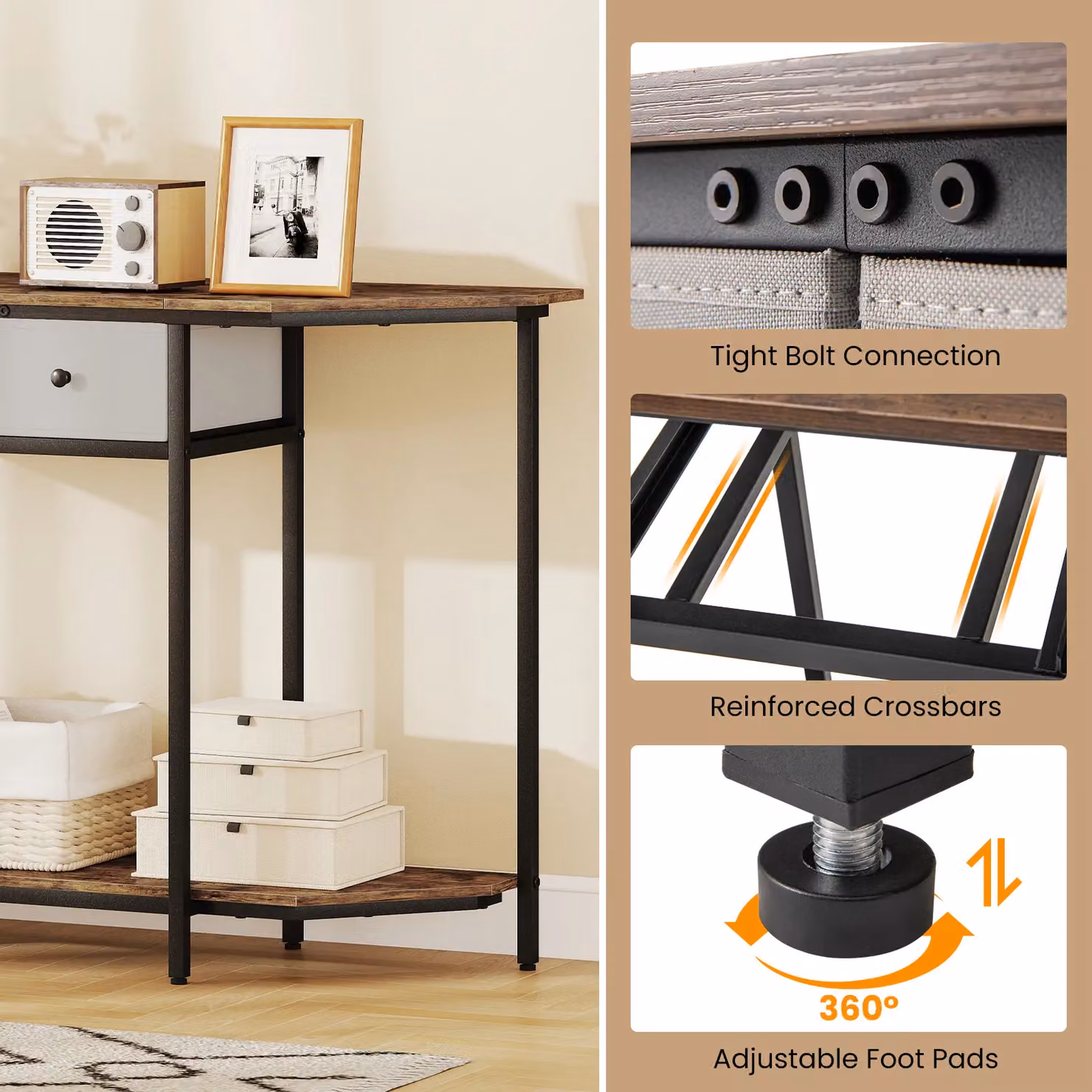 Gymax 2-Tier Industrial Console Table with 2 Drawers, Brown – 4