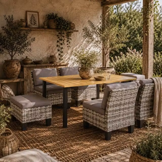 Wyld Haus Luzise Grey 7 Piece Polyrattan Outdoor Dining Set with Rectangular Table – 1