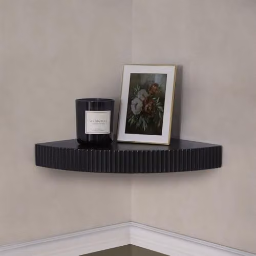 OHS Modern Ribbed Wooden Corner Shelf, Wall Mounted Storage Organizer in Black – 1