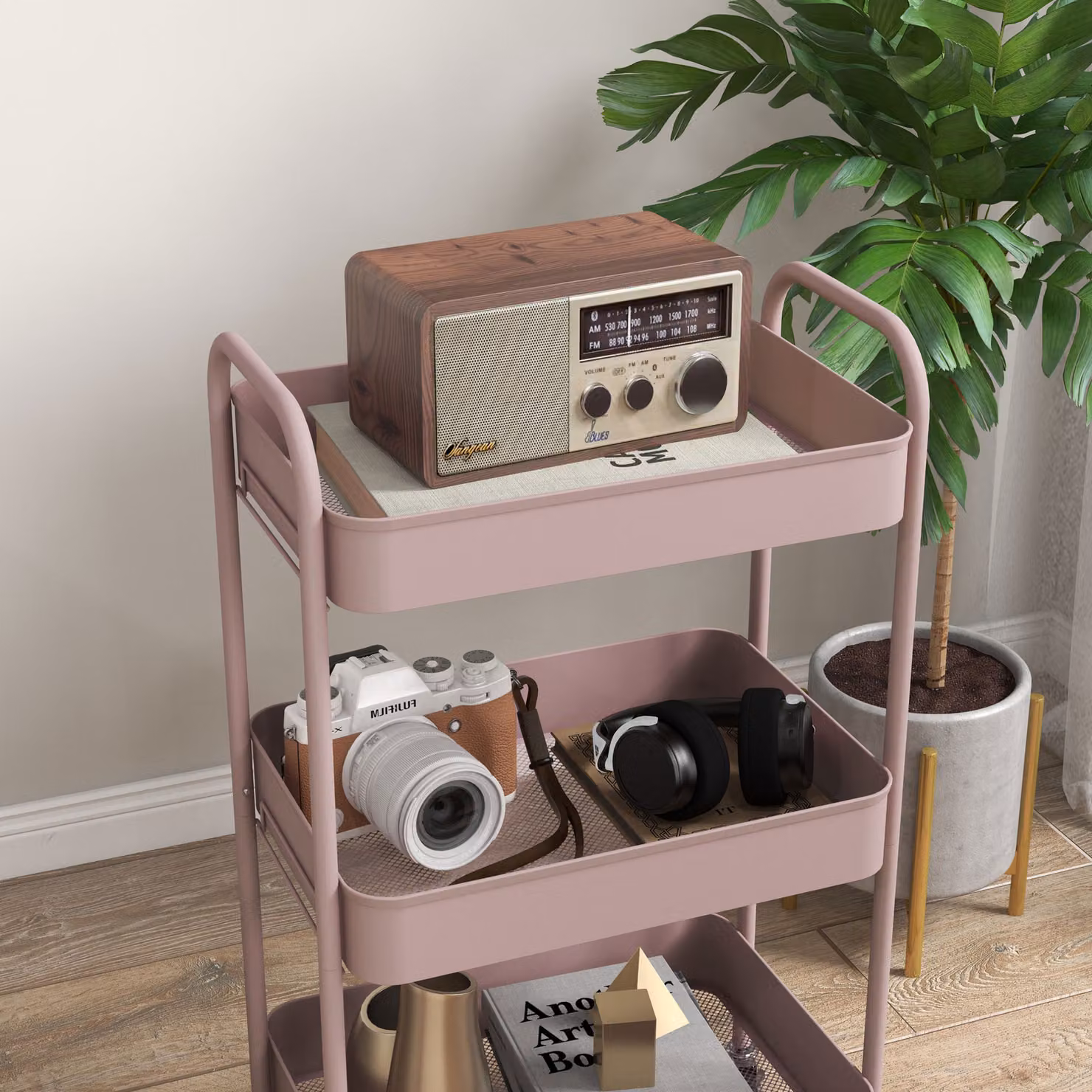 HOMCOM Three-Tier Metal Storage Trolley in Pink – 5