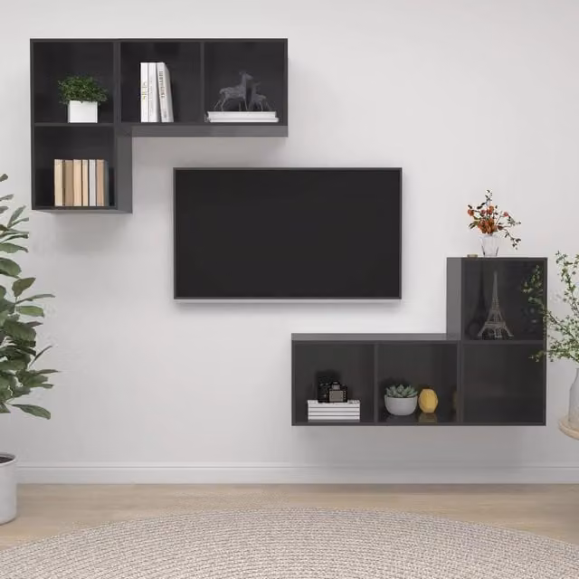 Berkfield Home 4-Piece High Gloss Grey Wall-Mounted TV Cabinet Set with Glass Doors
