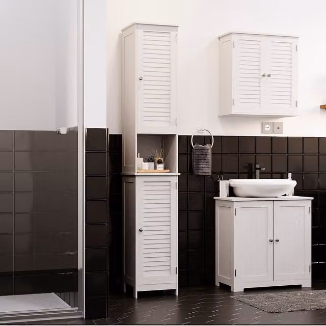 Vida Designs Modern White Freestanding Bathroom Cabinet with Internal Shelves and Open Shelf Doors