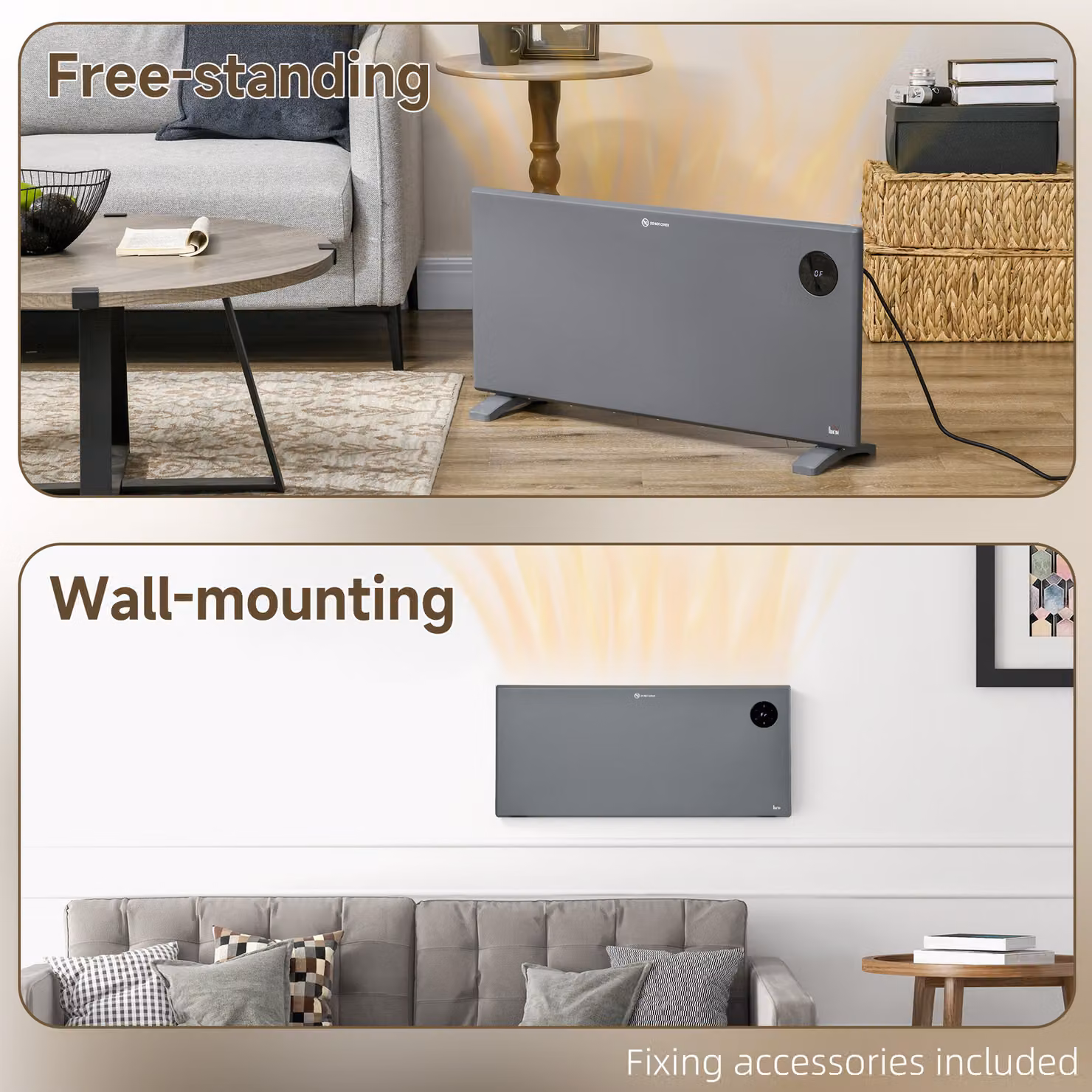 HOMCOM 2000W Electric Convector Space Heater, Grey, Freestanding or Wall Mounted with Adjustable Thermostat, Timer and Remote Control – 7