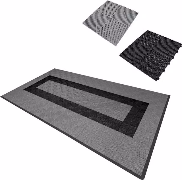 Monstershop Industrial Vented Garage Floor Tiles with Edges, Plastic, 90 Grey and 30 Black