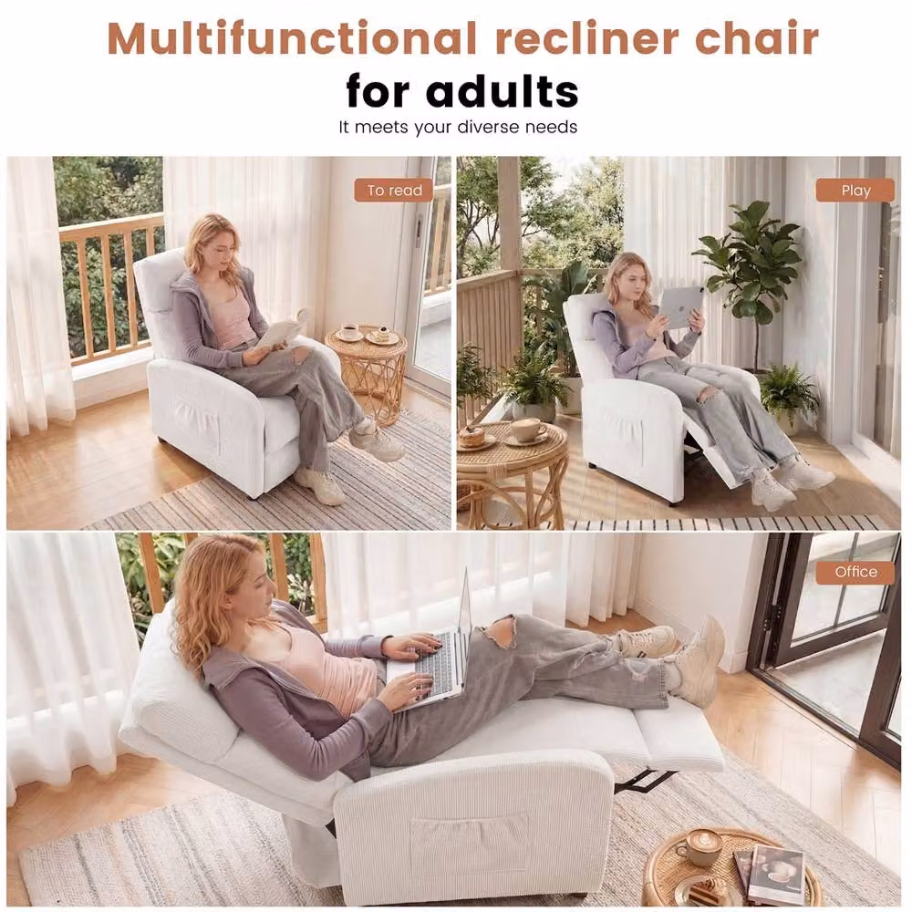NESTLUNE Beige Push Back Recliner Chair with Lumbar Support and Armrests, W/D/H: 100 x 100 x 100 cm – 3