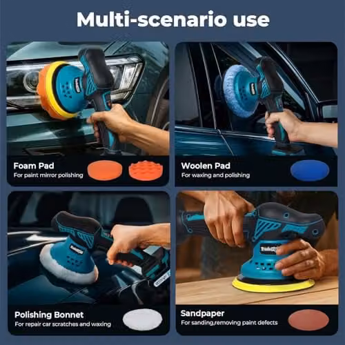 Traderight Cordless Dual Action Car Polisher with 2 x 21V 2.0Ah Rechargeable Batteries, 6-Speed 3700–5500RPM, 6in Buffer Machine for Waxing and Scratch Repair, Multicolour – 5