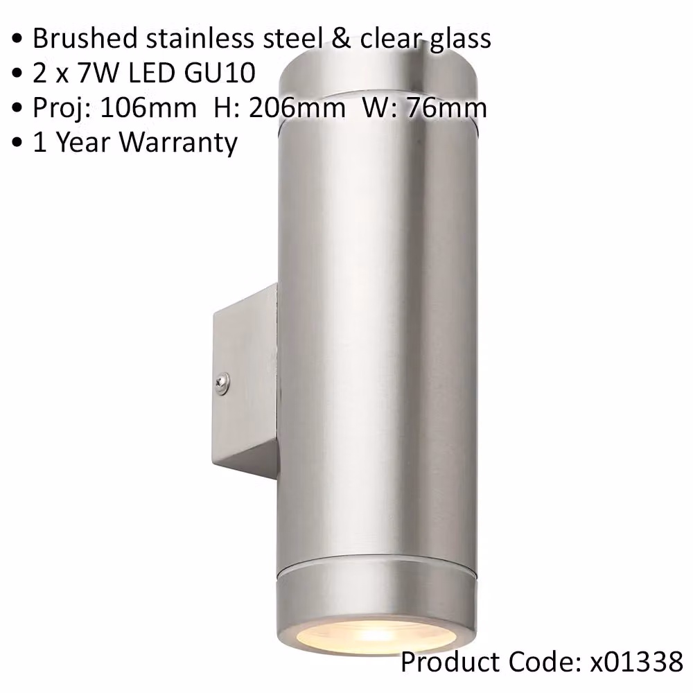 Loops 4 Pack Up & Down Twin Outdoor Wall Light in Silver Stainless Steel with Transparent Glass – 2