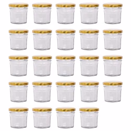 Argon Tableware Glass Jam Jars with Gold Screw Top Lids, 90ml, Pack of 24, Transparent and Gold