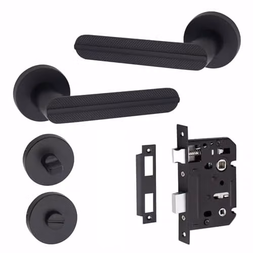 Golden Grace Matt Black Bathroom Door Handles on Round Rose