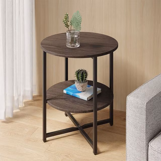 Livingandhome Minimalist 2-Tier Round Coffee Table in Brown