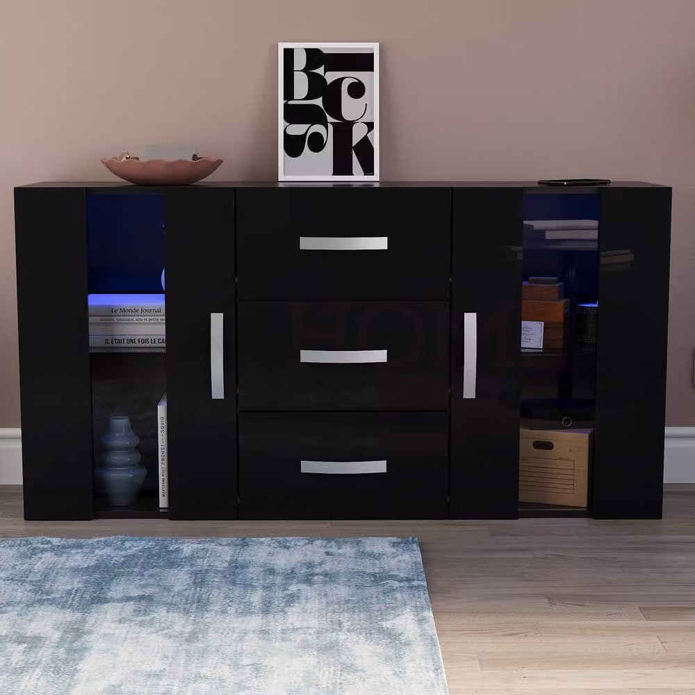 HD Designs Astro Modern Glossy Black Sideboard Cabinet with 2 Doors, 3 Drawers and Integrated LED Lighting – 3