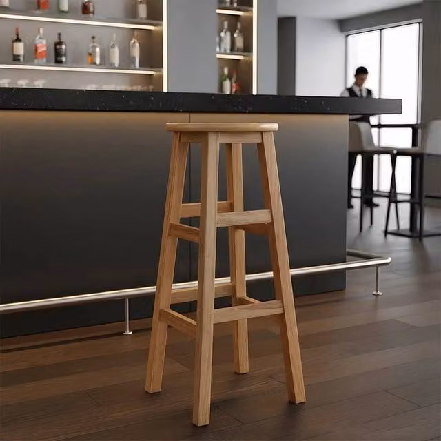 FLAVORA Beige Solid Oak Round Kitchen and Dining Stool, Height: 70 cm