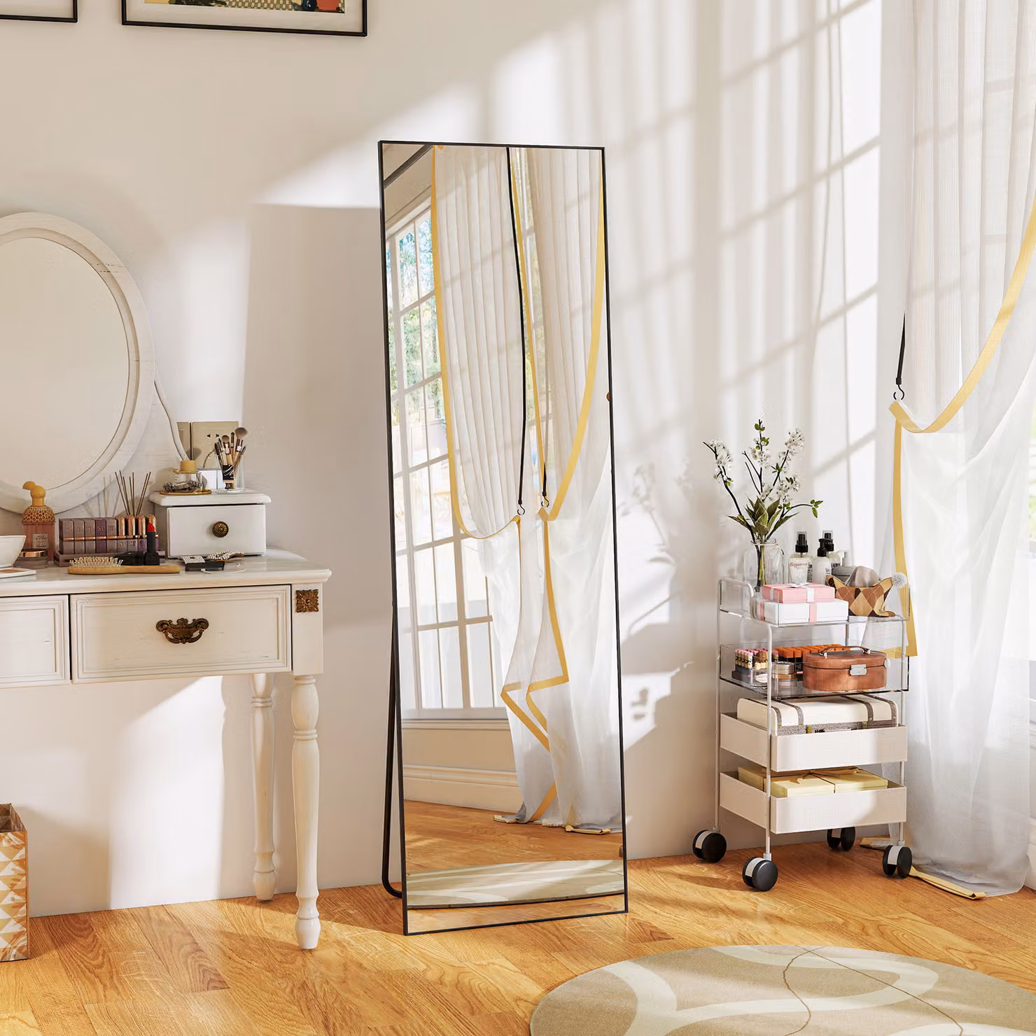 HOMCOM Full Length Mirror with Black Aluminium Alloy Frame and Tempered Glass, Standing or Wall Hanging, H 161.5 x W 50.0 x D 1.0 cm – 2