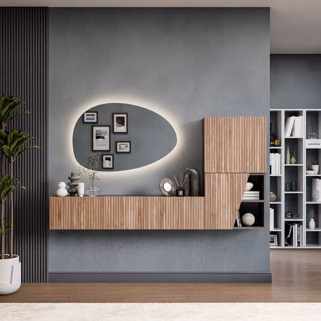 Decorotika Strasbourg Wall Mounted Scandinavian Entertainment Center in Black with Integrated LED Lighting and Striped Pattern