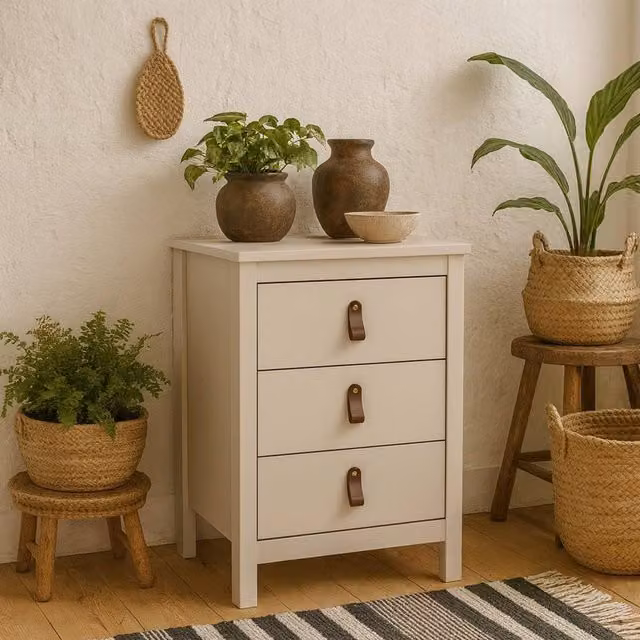 Wyld Haus Cashmere 3 Drawer Bedside Table with Raised Legs and Switchable Handles in Beige